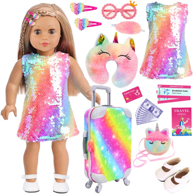 K. T. Fancy K.T. Fancy 23 Pcs American 18 Inch Doll Clothes and Accessories  Cute Doll Suitcase Set for 18 Inch Girl Doll Included Doll Sequined Dress  Sunglasses  Unicorn Bag  Shoes(No Doll) - Image 1